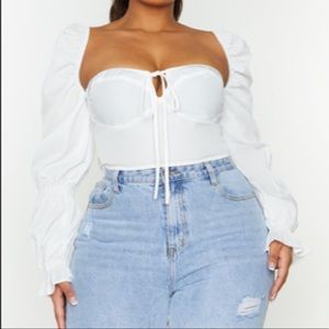 PrettyLittleThing Plus White Puff Sleeve Bardot Crop Top